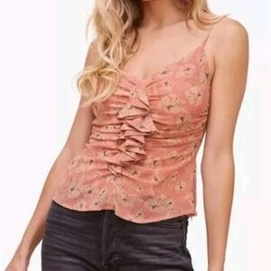ASTR‎ The Label Clay Floral Ruffle Top Womens XS Pink Strappy Cinched Smocked